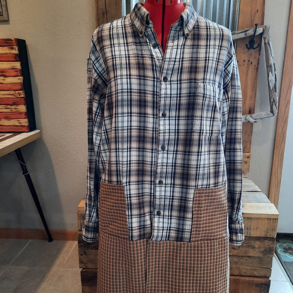 Upcycled flannel plaid shirt jacket XL shacket tan/gold original